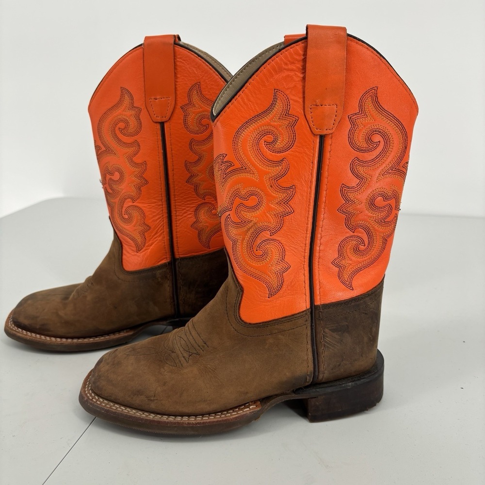Old West Cowboy Boots Youth Size 13.5 Brown Orange Western Square Toe Kids Rodeo